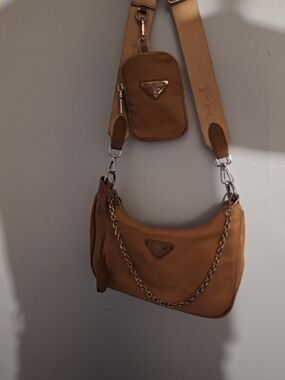 Prada Tan Nylon Shoulder Bag with Detachable Pouch and Chain